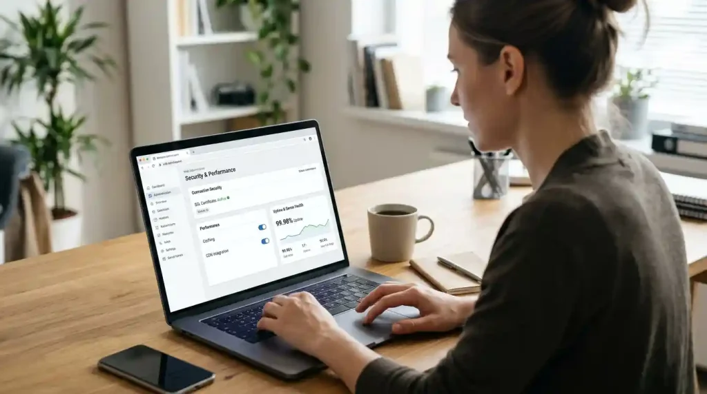 Website administrator checking hosting security settings on a laptop