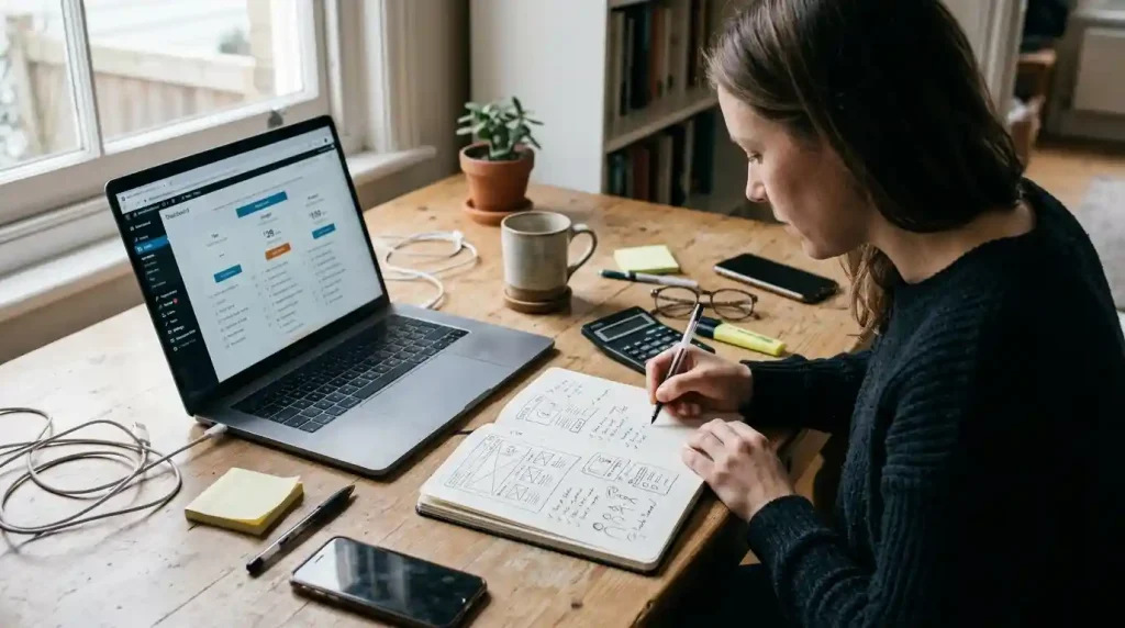 Freelancer planning an affordable WordPress website on a laptop