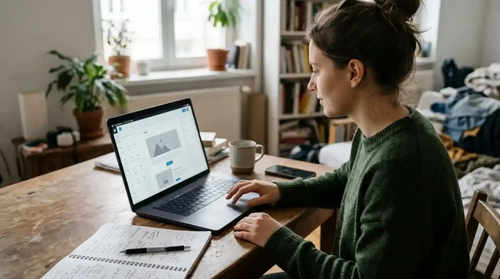 Beginner learning to build a website on a laptop