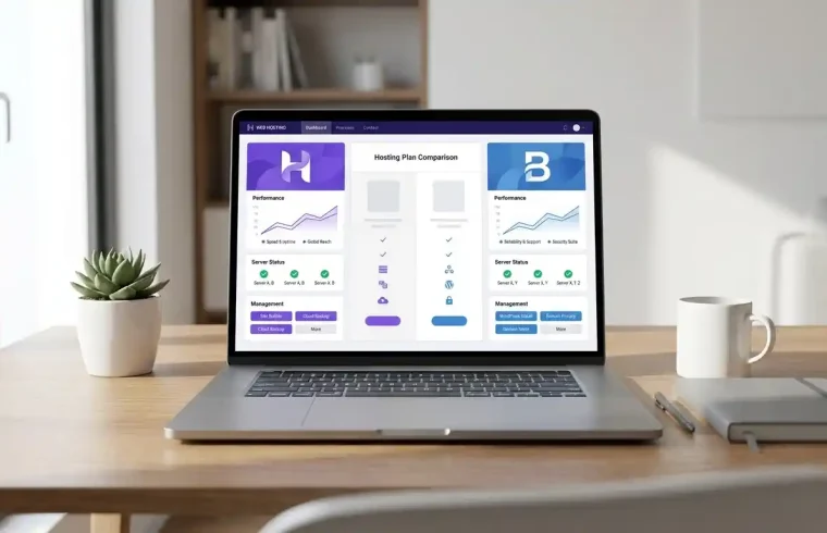 Hostinger vs Bluehost hosting comparison on a laptop