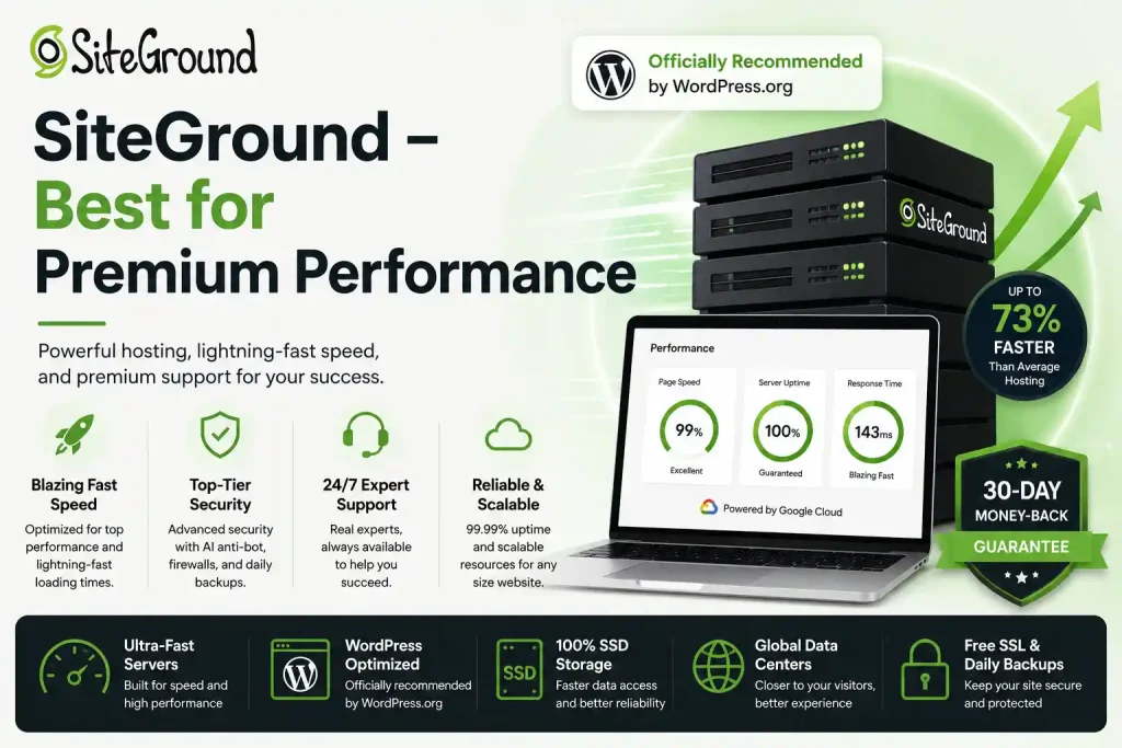 SiteGround premium web hosting infographic highlighting lightning-fast performance, Google Cloud infrastructure, WordPress optimization, SSD storage, free SSL, daily backups, and 24/7 expert support.