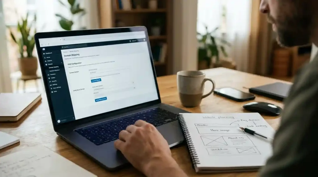 Laptop showing website settings during domain and hosting setup