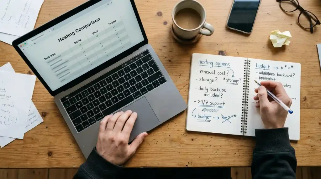 Laptop displaying a comparison of website hosting plans