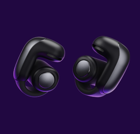 Bose Ultra Open Earbuds in Black featuring an open-ear clip-on design with OpenAudio technology for all-day comfort and immersive sound