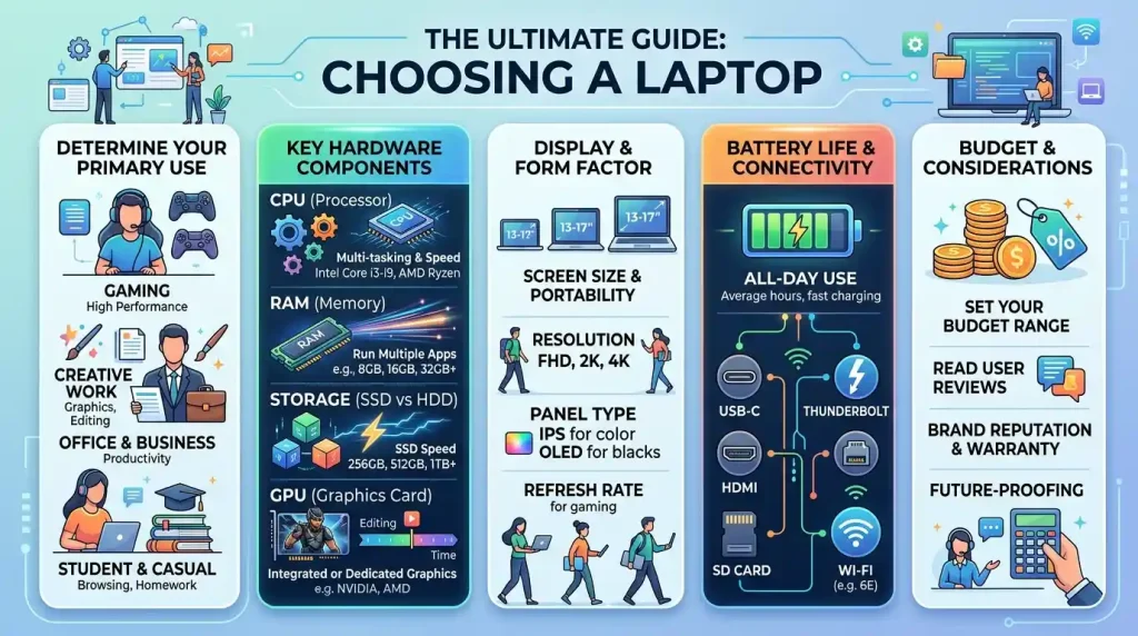 All facts about choosing a laptop including processor, RAM, storage, display, battery life, and budget
