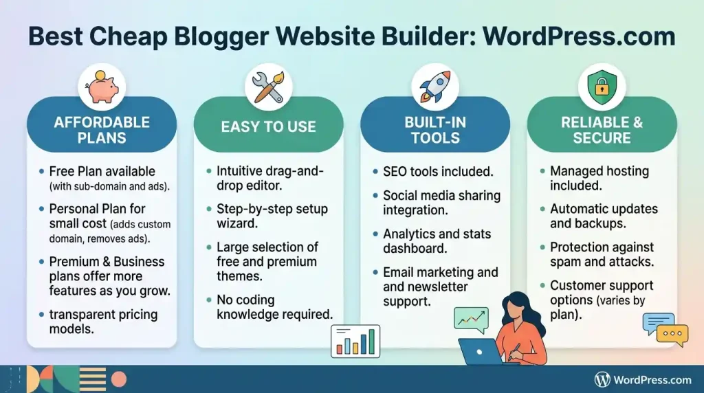WordPress.com dashboard showcasing one of the best cheap website builders for bloggers, beginners, and content creators in 2026.