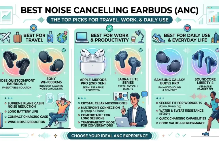 Best noise cancelling earbuds with active noise cancellation for travel, work, commuting, and everyday listening.