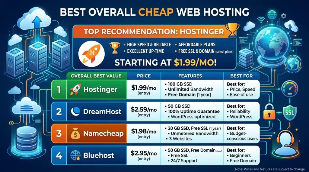 Best overall cheap web hosting providers offering affordable pricing, fast performance, reliable uptime, and beginner-friendly features.