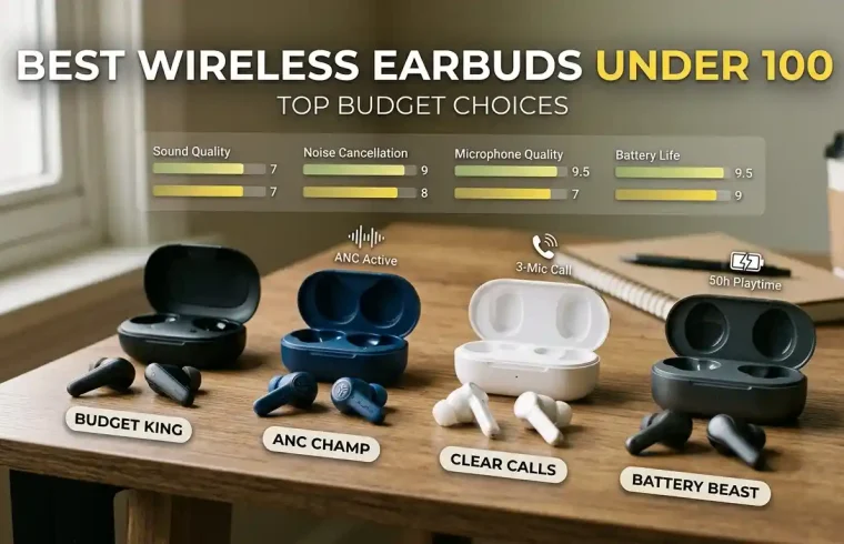 Best Wireless Earbuds Under $100 with premium sound, ANC, long battery life, and Bluetooth connectivity.