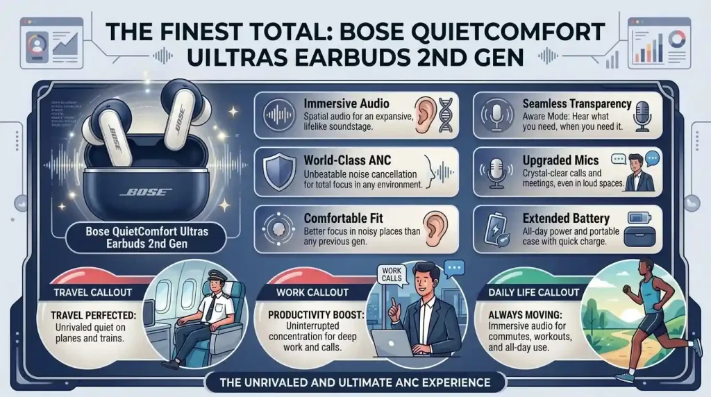 Bose QuietComfort Ultra Earbuds 2nd Gen with advanced active noise cancellation, immersive audio, and comfortable wireless design.
