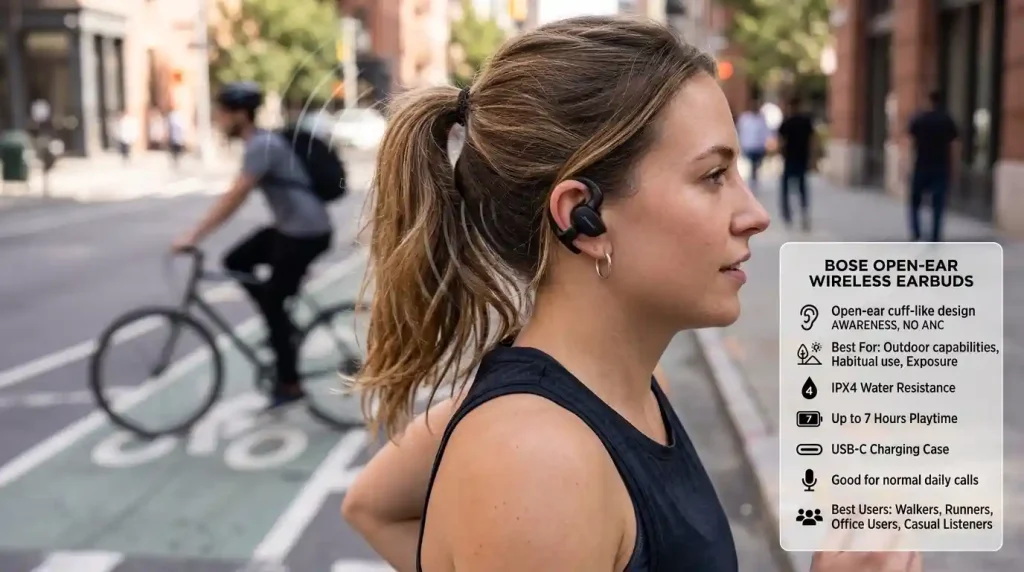 Bose Ultra Open Earbuds featuring an innovative open-ear design with premium immersive audio and a secure comfortable fit
