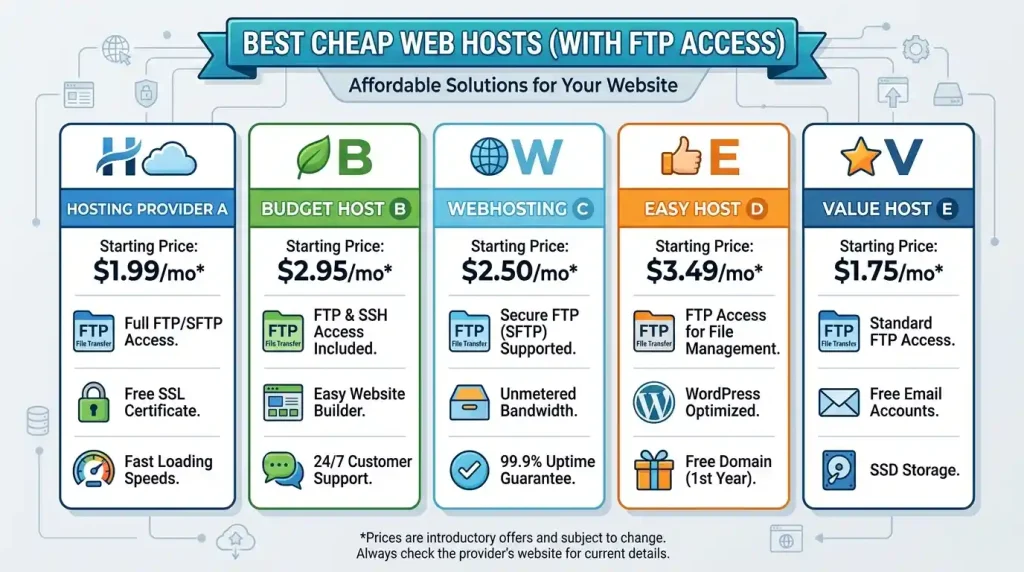 Comparison of basic cheapest web hosts with FTP access for beginners and small businesses