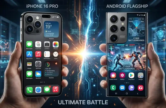 iPhone vs Android comparison showing Apple iPhone and Android smartphone side by side