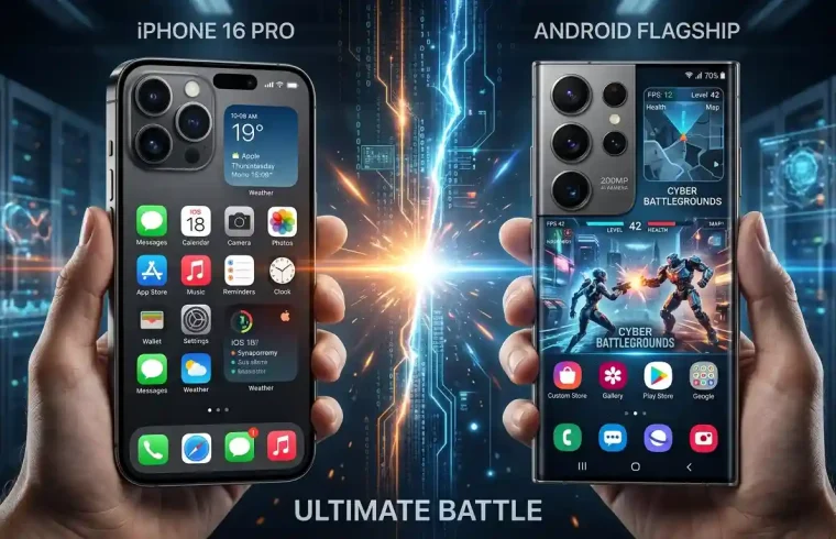 iPhone vs Android comparison showing Apple iPhone and Android smartphone side by side