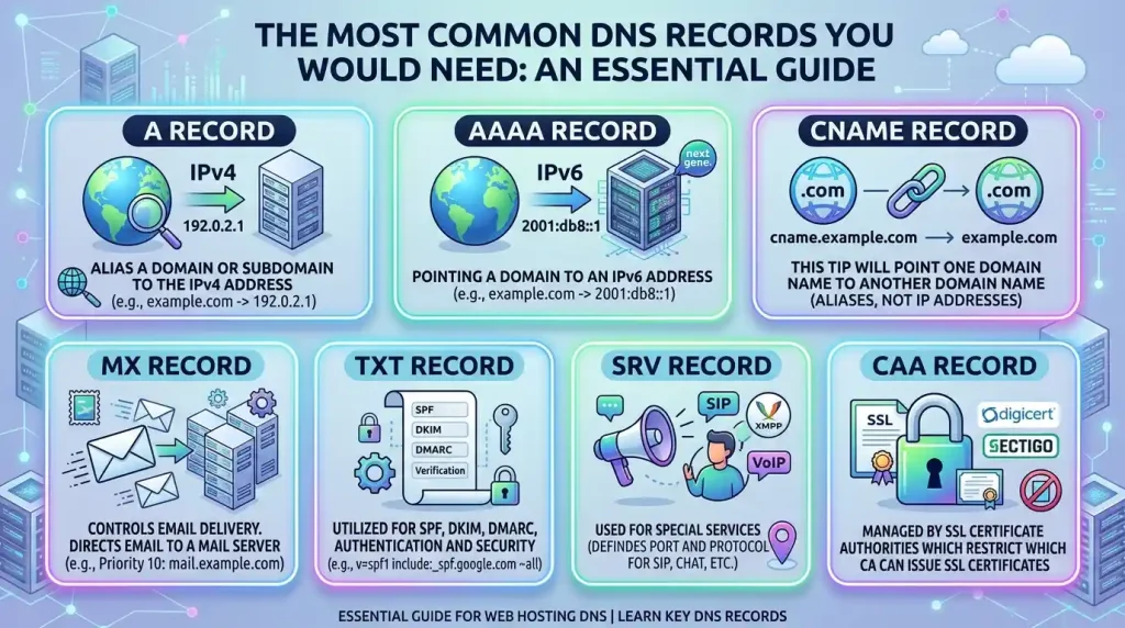 Illustration of the most common DNS records, including A, CNAME, MX, TXT, and NS records, used to connect domains, websites, and email services.