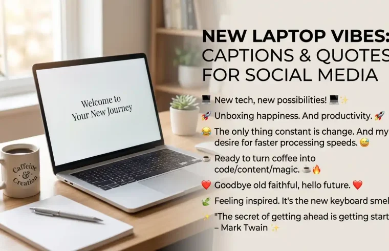 New laptop status with stylish captions and quotes for Instagram, Facebook, WhatsApp, and social media.