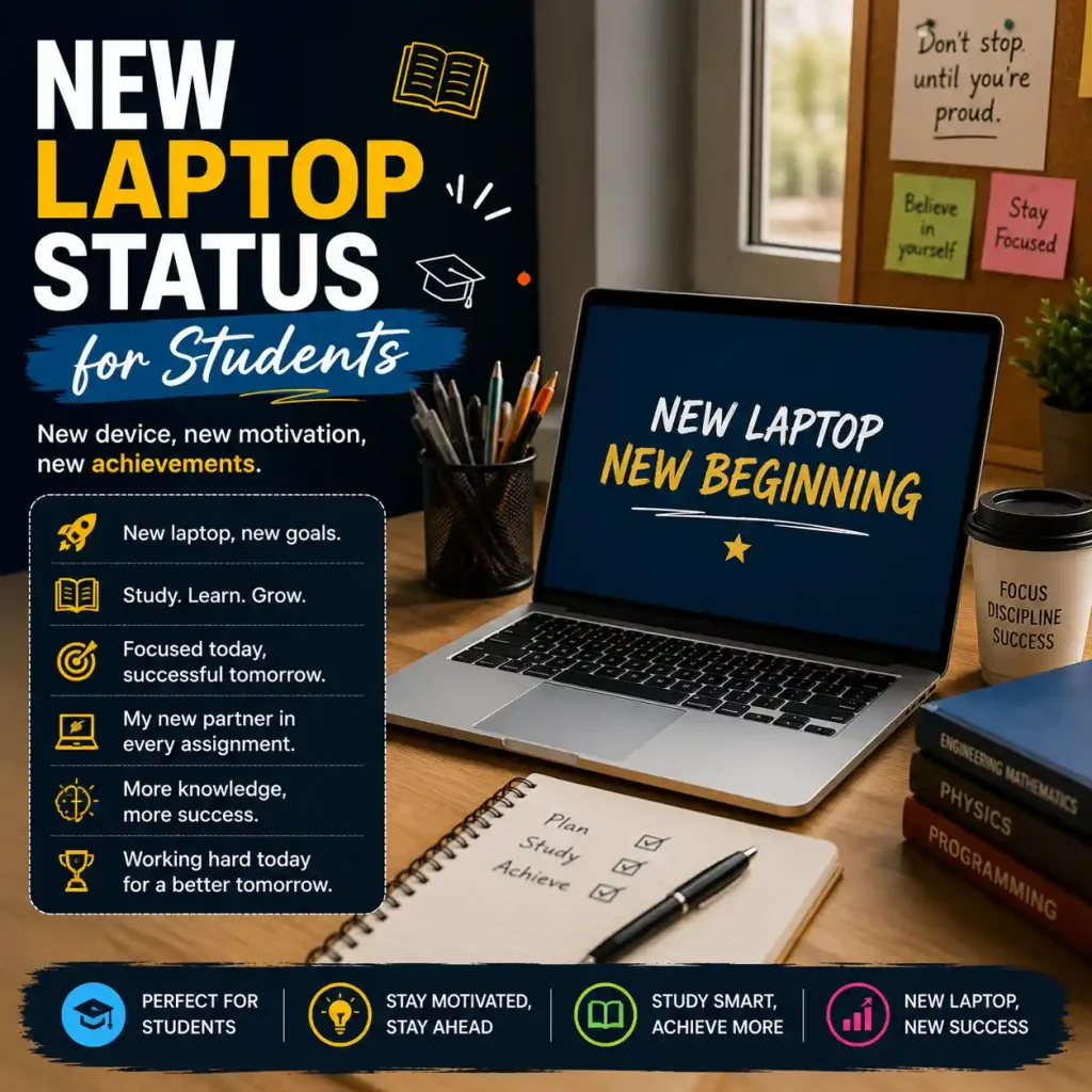Student using a new laptop for studying with motivational new laptop status ideas and captions.