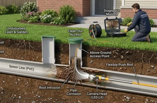 Professional sewer camera inspecting an underground sewer pipe to identify blockages and damage.