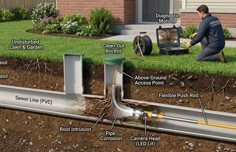 Professional sewer camera inspecting an underground sewer pipe to identify blockages and damage.