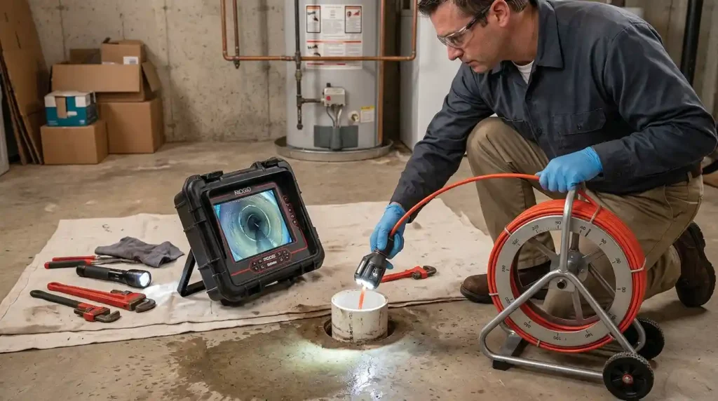 Flexible sewer camera inspecting the inside of a drain pipe to detect cracks and blockages.