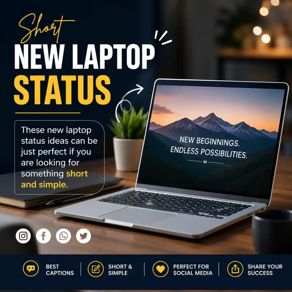 Short new laptop status ideas with simple captions for Instagram, Facebook, and WhatsApp.