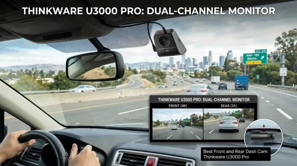 Thinkware U3000 Pro front and rear dash cam with 4K front recording, 2K rear camera, HDR, and advanced parking mode.