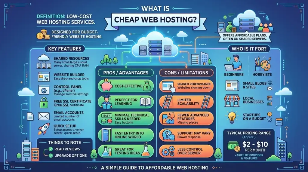 Illustration explaining what cheap web hosting is for beginners.