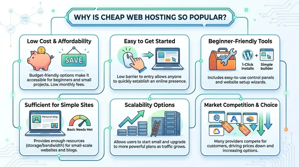 Why cheap web hosting is popular among beginners, bloggers, and small businesses looking for affordable and reliable website hosting.