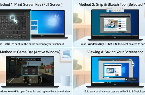Windows 10 screenshot tutorial showing easy methods to take a screenshot on a Dell laptop using keyboard shortcuts, Snipping Tool, and Snip & Sketch.
