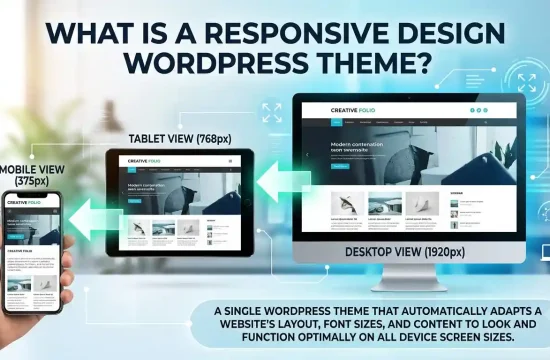 A laptop, tablet, and smartphone displaying the same responsive design WordPress theme layout adjusted for each screen size.
