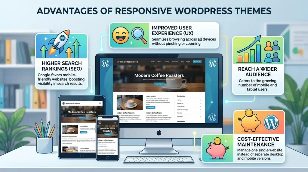 An interactive graphic highlighting the primary advantages of WordPress themes with responsive designs across different devices.