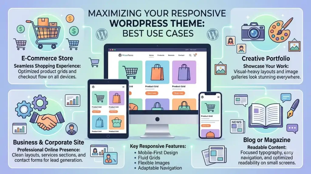 An illustration showing the best practical uses of a responsive design WordPress theme for online stores, personal blogs, and business sites.