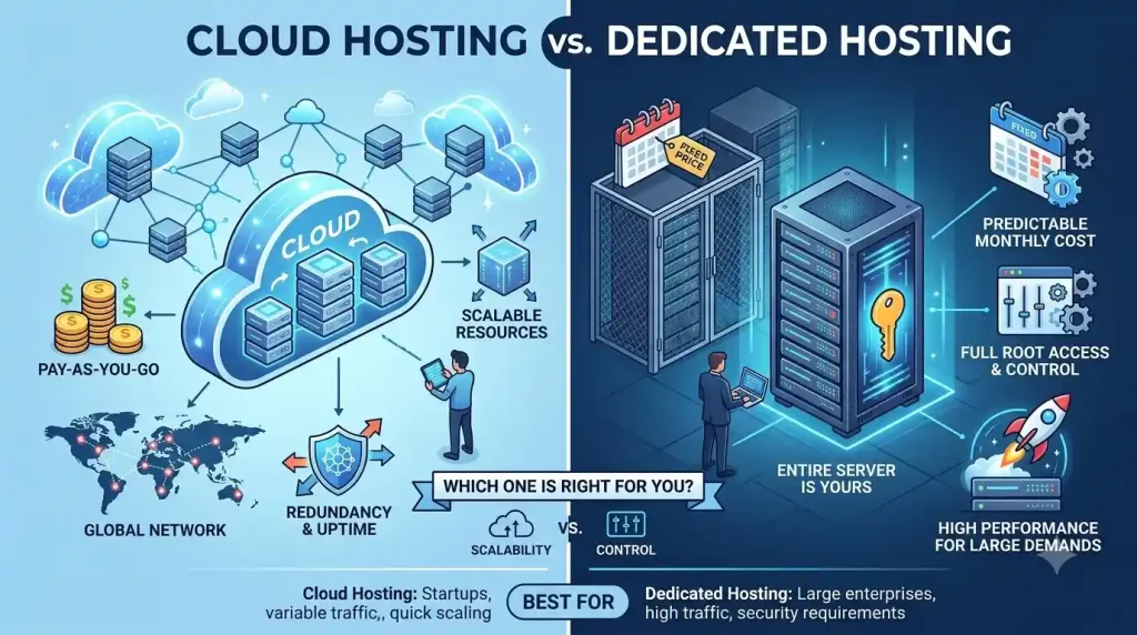 Cloud hosting vs dedicated hosting comparison highlighting performance, scalability, security, and pricing differences.