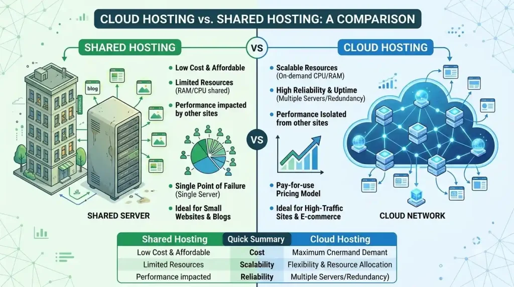 Cloud hosting vs shared hosting comparison showing differences in performance, scalability, security, and pricing.