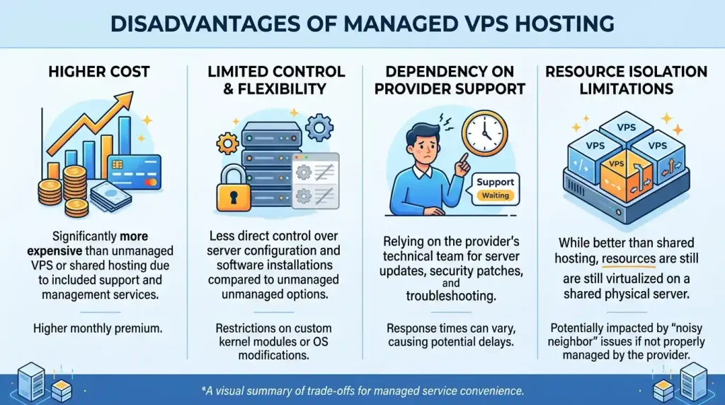 A visual breakdown highlighting the disadvantages of managed VPS hosting such as higher costs and limited root control