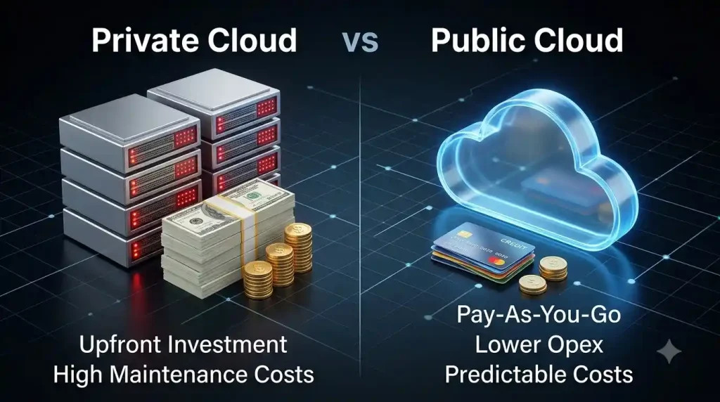 Diagram highlighting the key disadvantages of private cloud hosting including high costs and maintenance complexity.