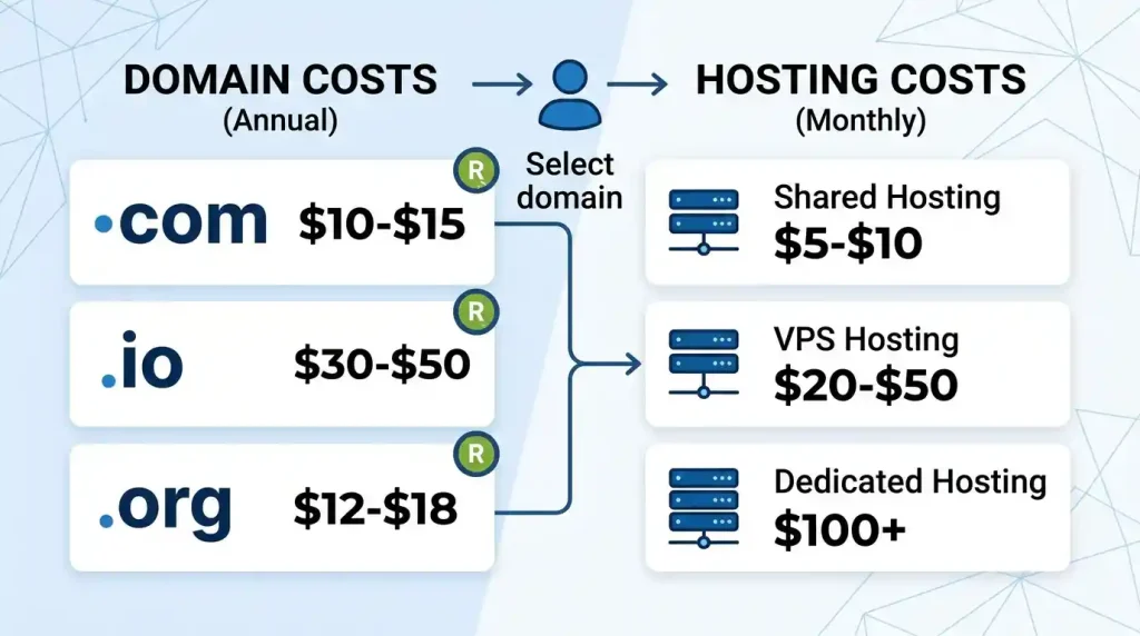 Cost comparison diagram showing domain name prices per year alongside monthly web hosting fees.