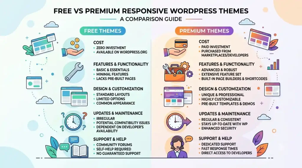 A side-by-side comparison chart showing key differences between free vs premium responsive WordPress themes in design flexibility, speed, and updates.