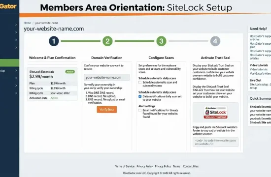 Screenshot of HostGator members portal dashboard showing the $2.99 SiteLock security setup options and navigation menu.