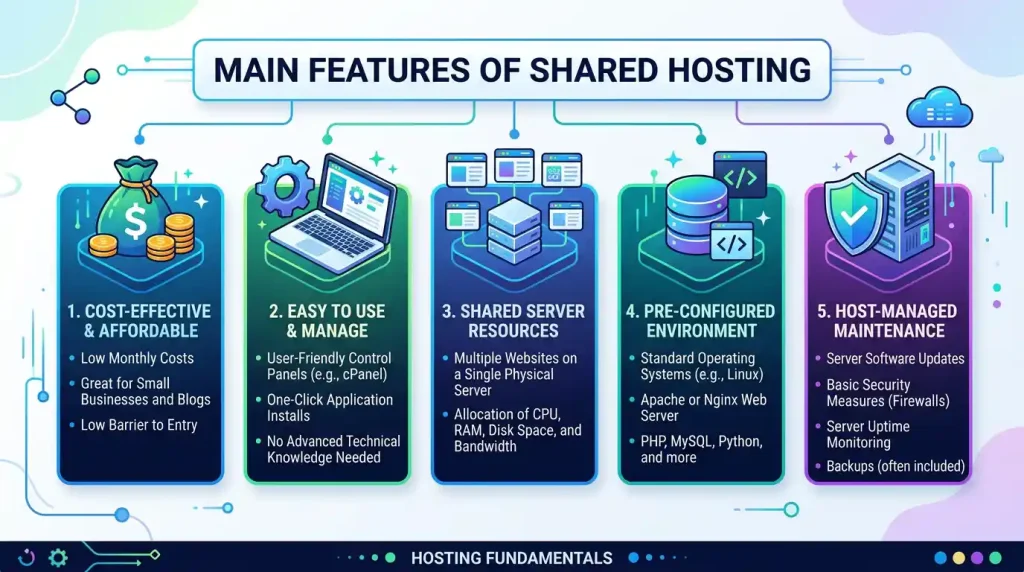 An infographic illustrating the main features of shared hosting including cPanel, free SSL, email accounts, and database support.