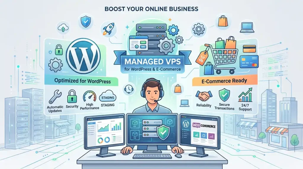 Illustration showing high-speed managed vps hosting optimization for WordPress and WooCommerce e-commerce stores
