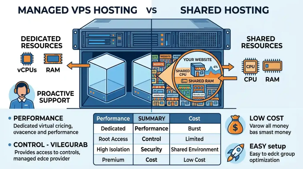 Comparison chart showing key differences between shared hosting and managed vps hosting