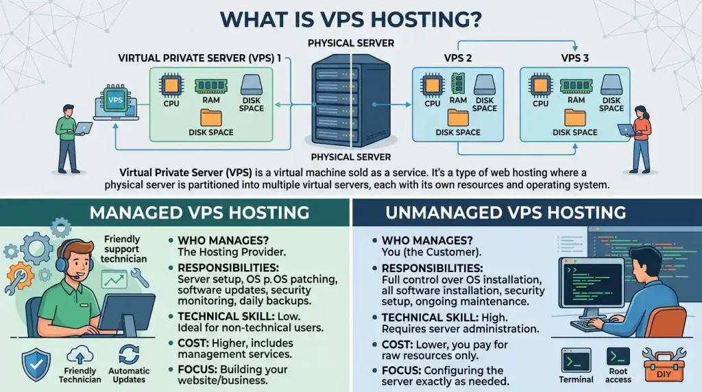 A clear side-by-side overview of Managed VPS vs Unmanaged VPS Hosting options