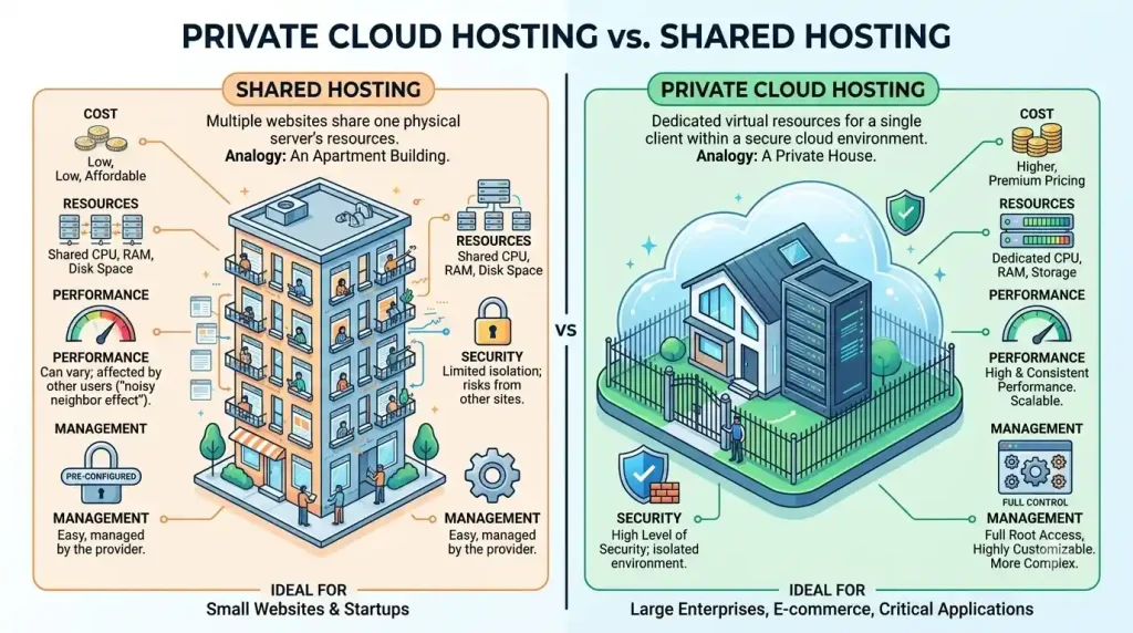Infographic comparing private cloud hosting versus shared hosting performance, security, and scalability.