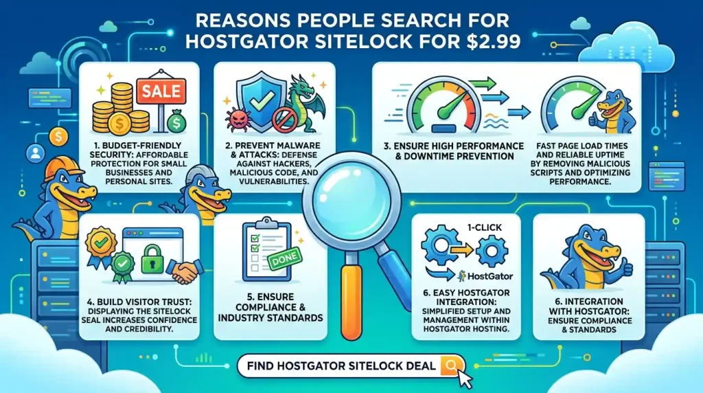 Infographic showing key reasons users search for HostGator $2.99 SiteLock plan including malware scanning, affordable security, and dashboard setup.