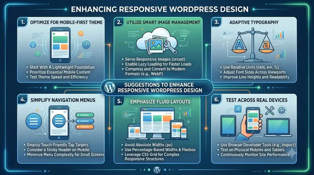 An actionable infographic showcasing practical tips and suggestions to enhance responsive WordPress design performance across mobile and desktop devices.