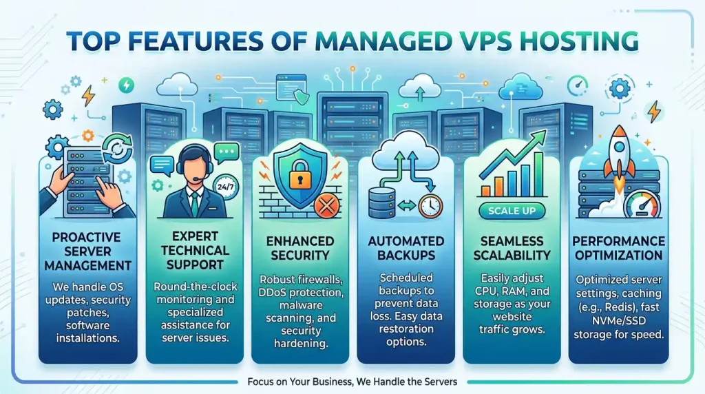 Infographic displaying top features of managed vps hosting including dedicated resources, security, backups, and support