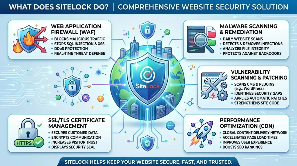 Diagram explaining what SiteLock does including automated malware scanning, vulnerability detection, and website firewall protection.