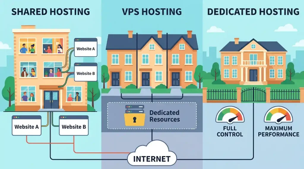 A visual diagram explaining what is shared hosting by showing multiple websites hosted on a single server machine.