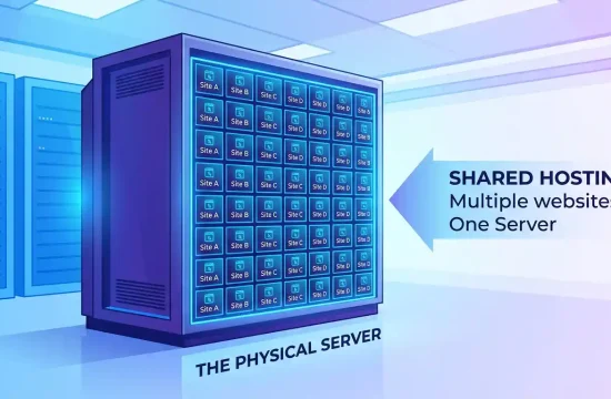 An detailed overview illustration explaining what is shared hosting and how it works for new websites